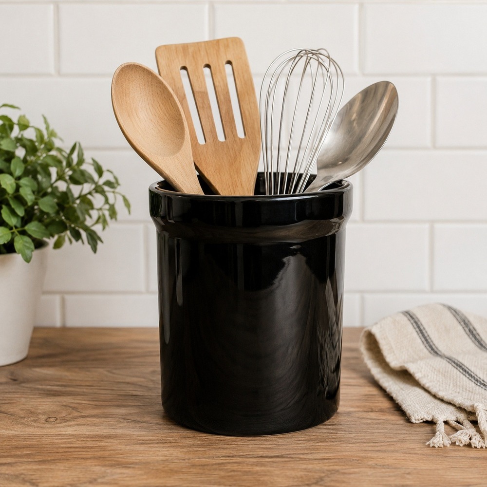Invitations Black Ceramic Utensil Holder Crock Gloss Canister No chips/No Cracks